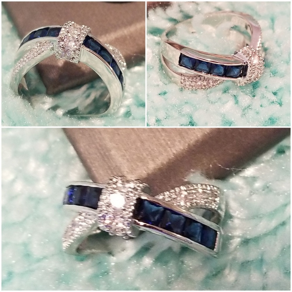 Sapphire & Diamond [Simulated] Ring - 925 - Picture 3 of 7